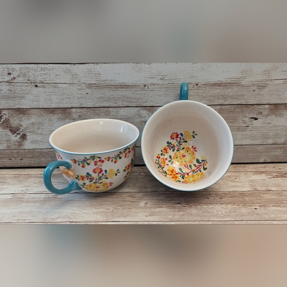 Anthropologie Other - Anthropologie Hand Painted Pair Teacups Folk Floral Coffee Mug Cups
